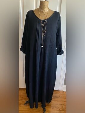 Romacci Black Cotton Gauze Midi Dress L Loose Boho Pockets